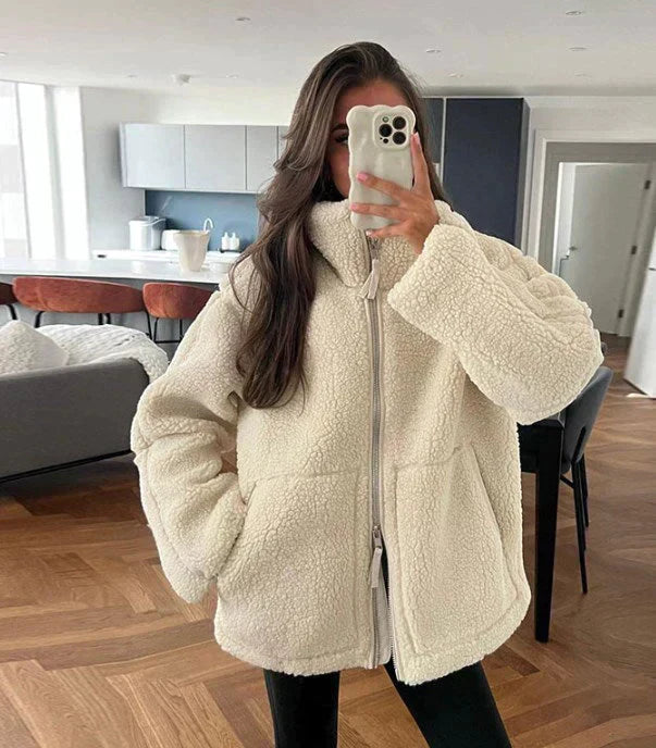 Rose - Women's oversized teddy coat with zipper